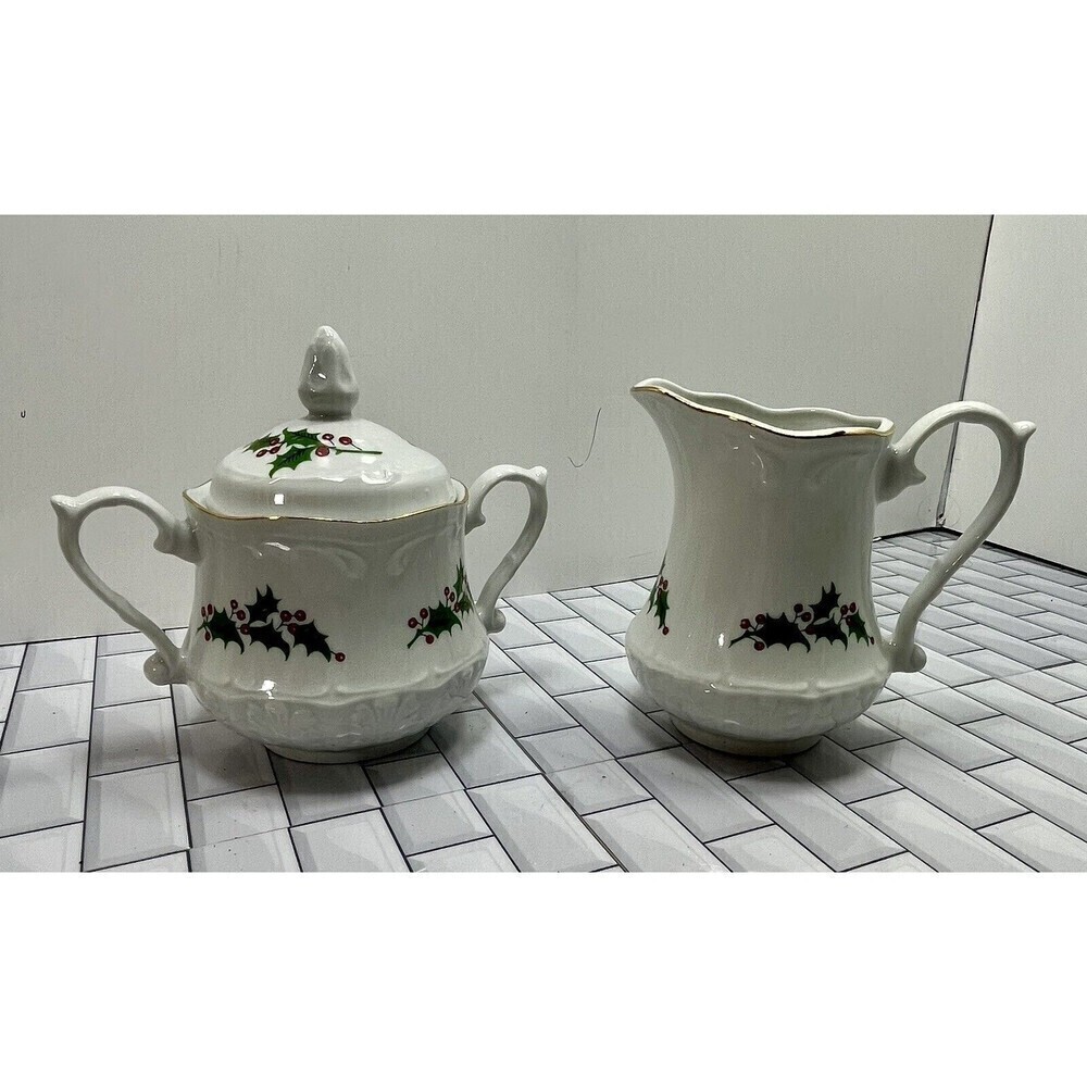Wloclawek Poland Porcelain Holly & Berries Sugar Bowl & Creamer Novelty Holiday